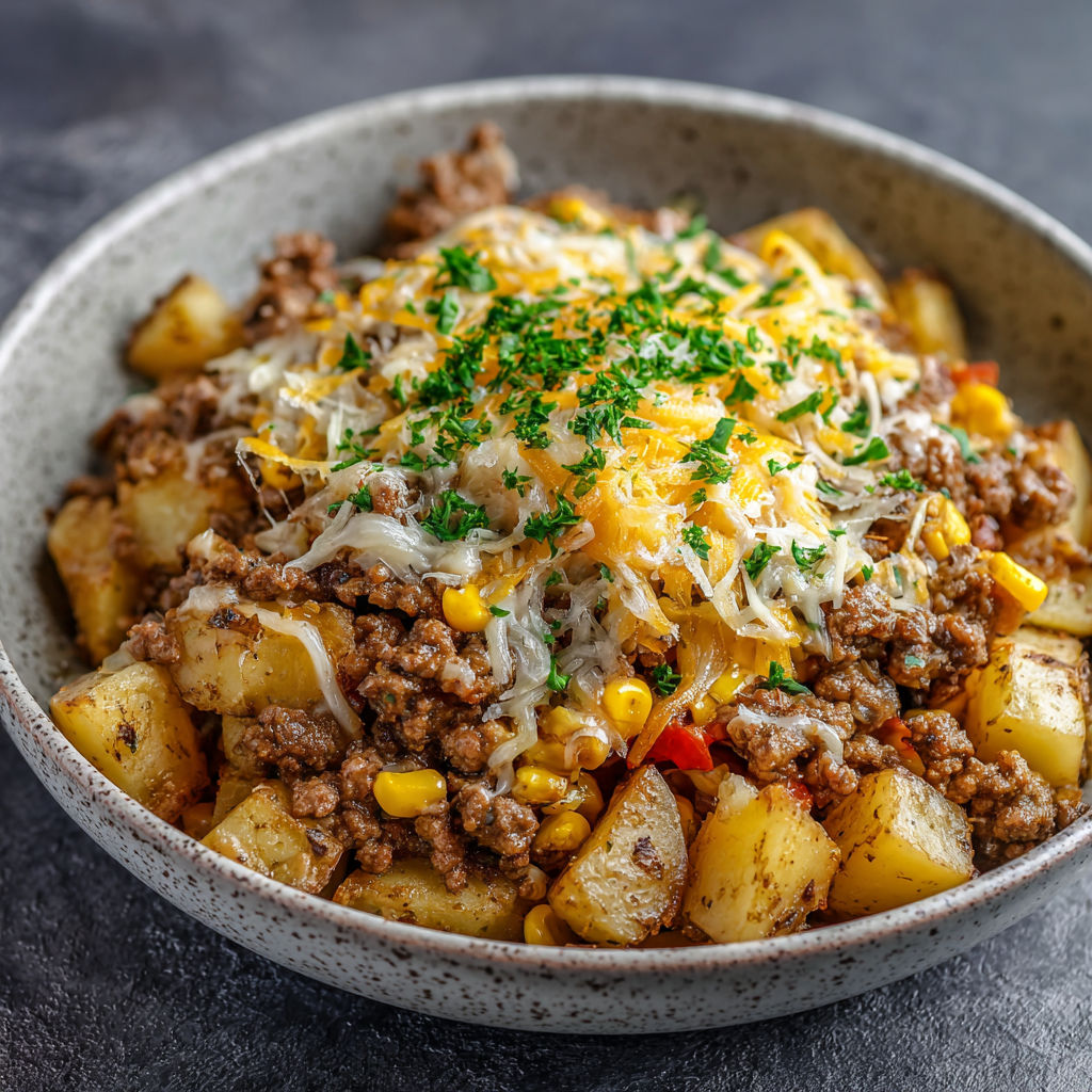 A bowl of beef and potato stew with cheese and herbs on top.