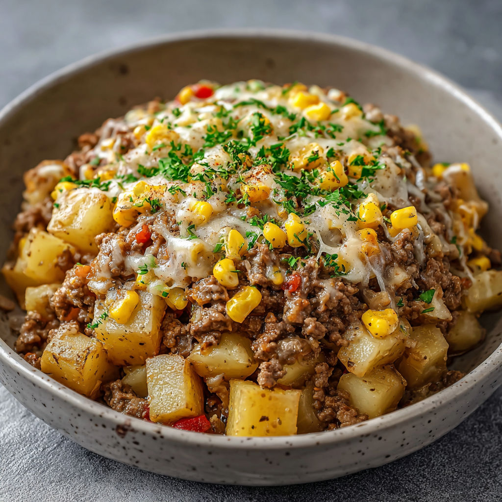 A bowl of food with a variety of ingredients, including meat, cheese, and vegetables, such as corn and potatoes. The dish appears to be a hearty and flavorful meal, possibly a beef and cheese casserole or a similar recipe.