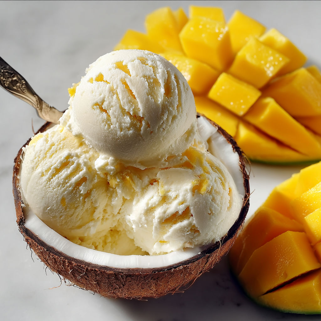A scoop of Coconut Mango Ice Cream is served in a bowl with a spoon.