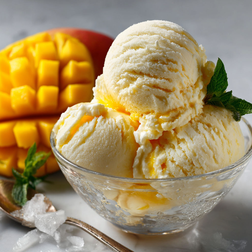 A bowl of mango ice cream with a mango slice on top.