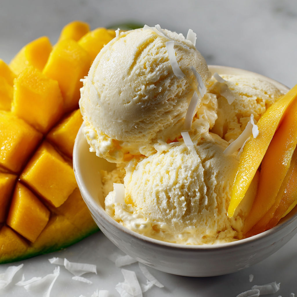 A bowl of mango ice cream with a slice of mango on top.