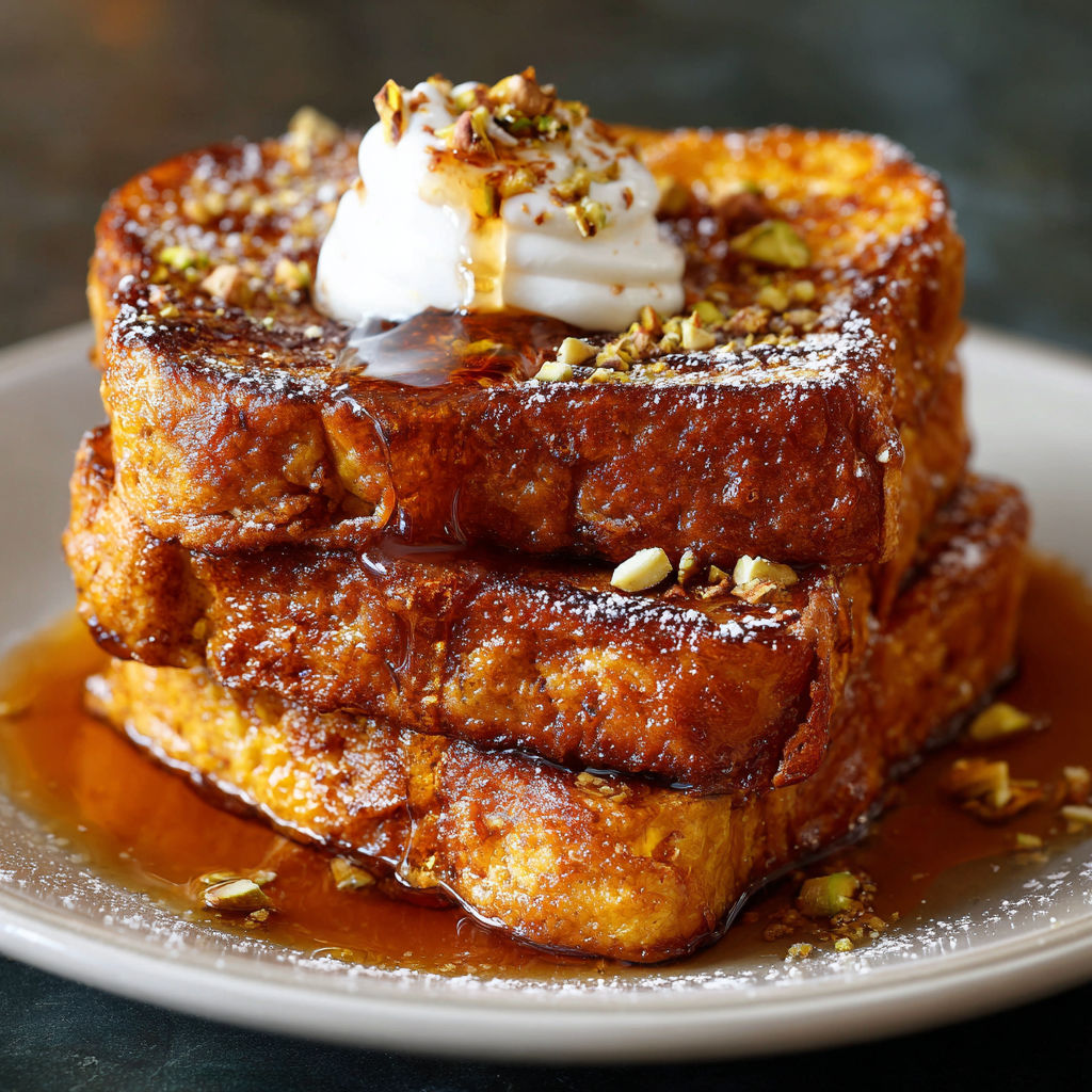 A stack of French toast with a dollop of whipped cream on top, garnished with nuts.