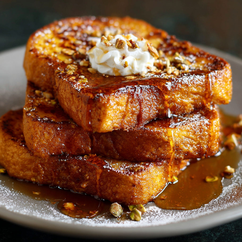 A stack of French toast with a dollop of whipped cream on top.