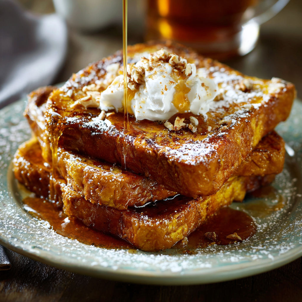 A plate of French toast with powdered sugar and maple syrup.