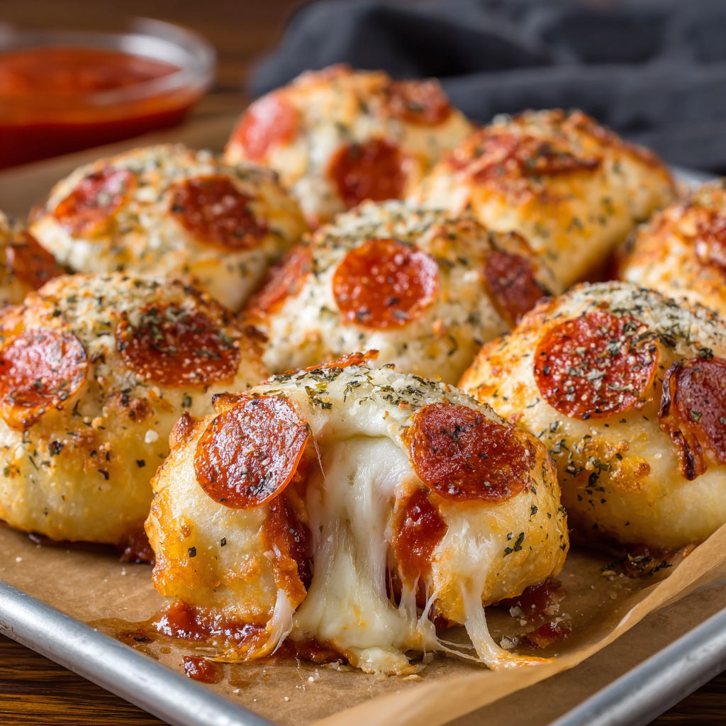 A tray of stuffed crust pizza snacks with cheese and pepperoni toppings.