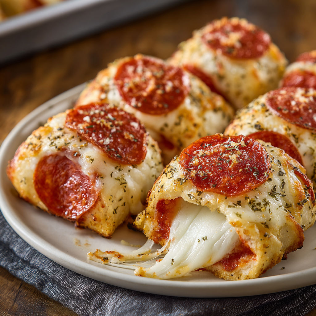 A plate of stuffed crust pizza snacks with cheese and pepperoni.