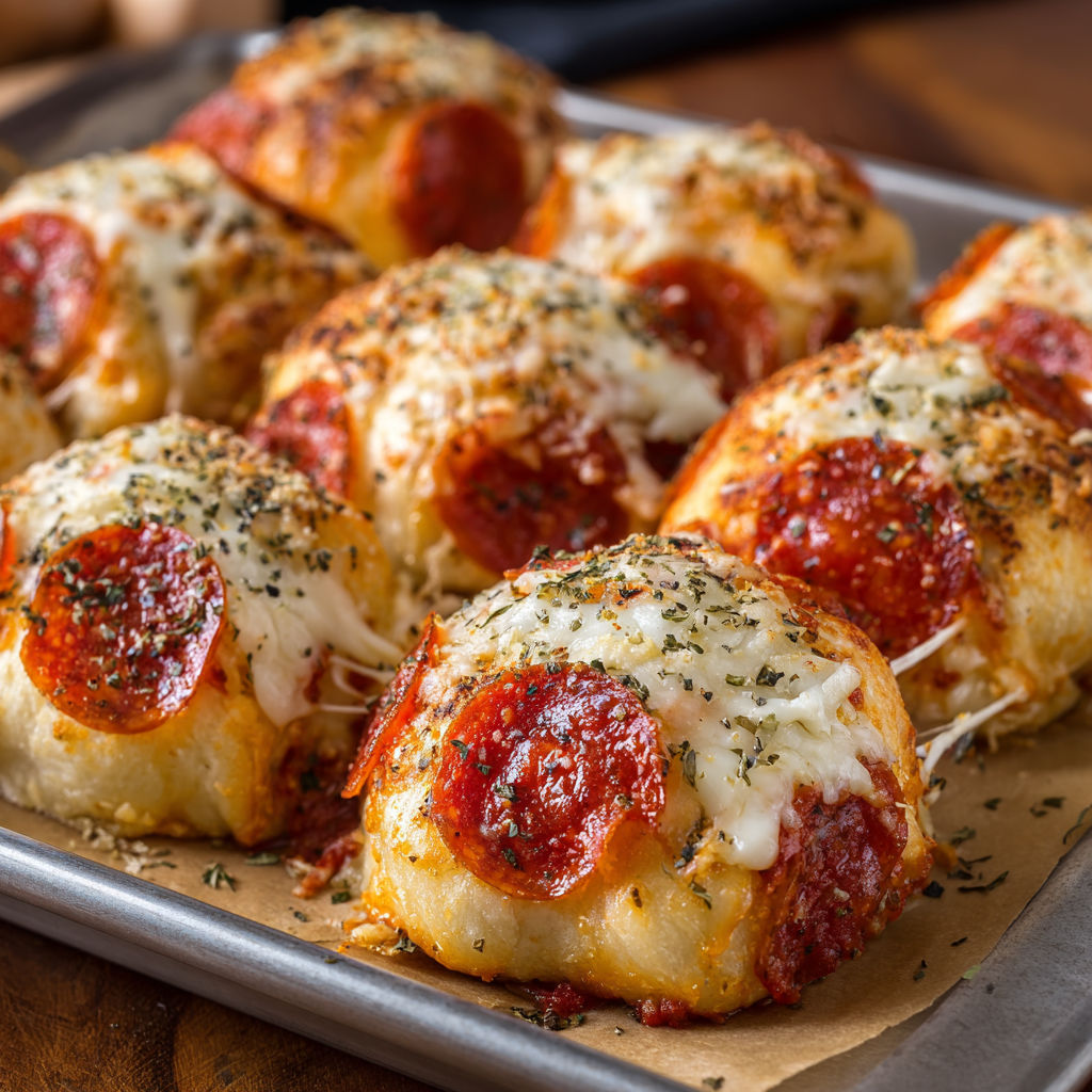 A tray of stuffed crust pizza snacks with pepperoni and cheese.