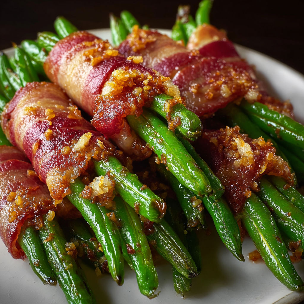 A plate of bacon wrapped green beans with a sprinkle of seasoning.