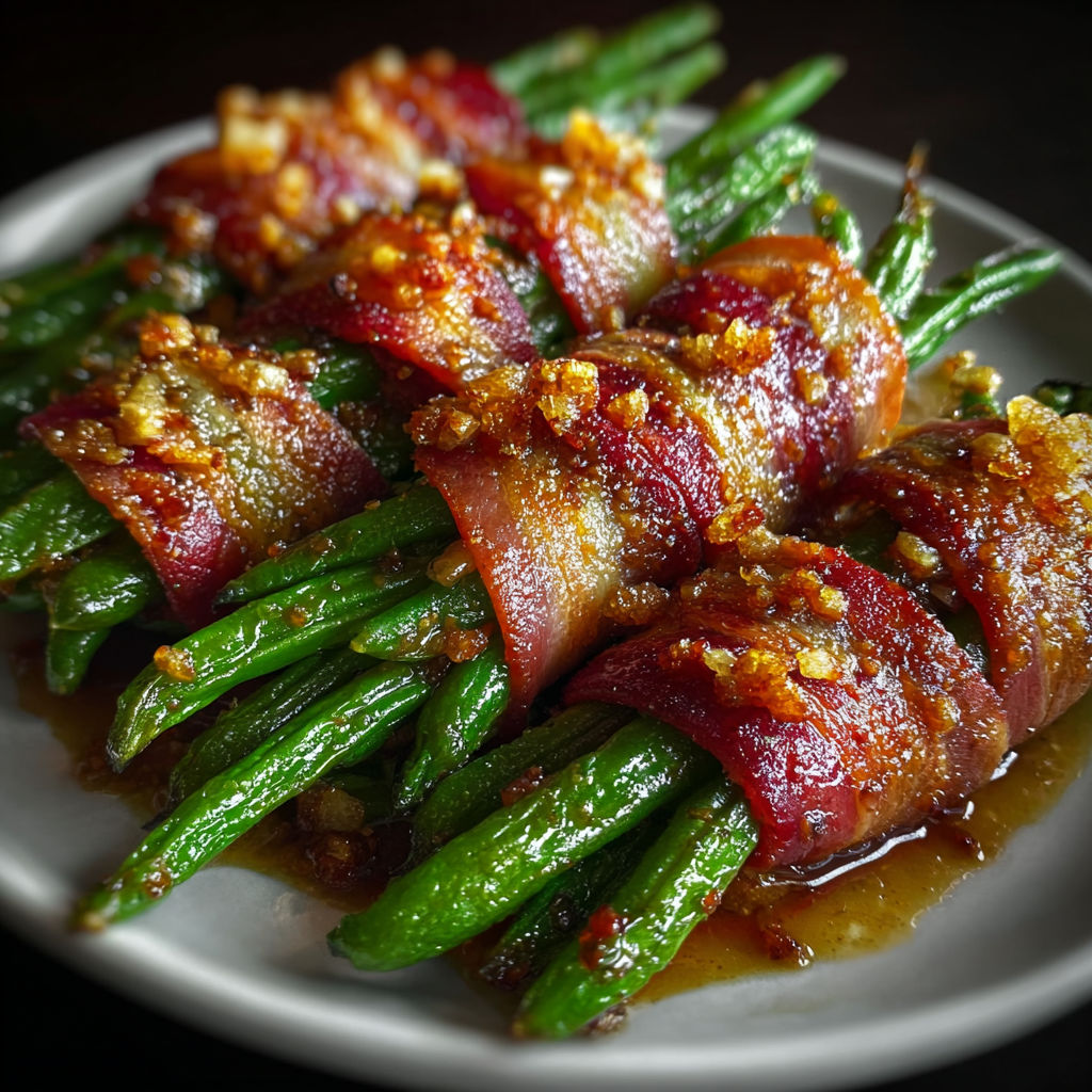 A plate of bacon wrapped green beans with a brown sauce.