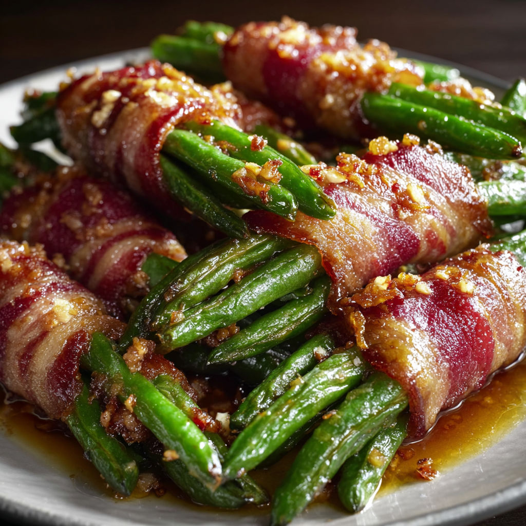 A plate of bacon wrapped green beans with a brown sauce.