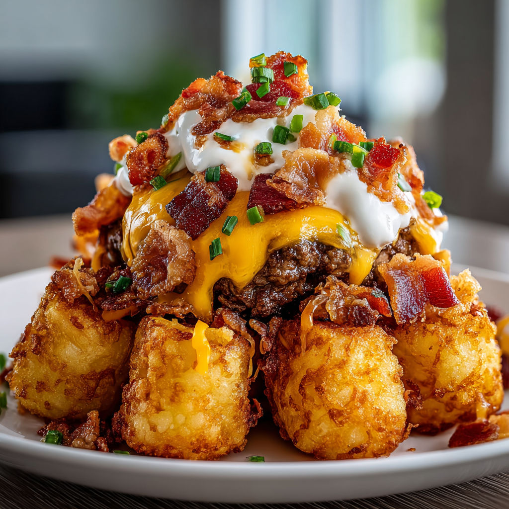 A plate of Bacon Cheeseburger Tater Tot Cones, a delicious and indulgent meal.