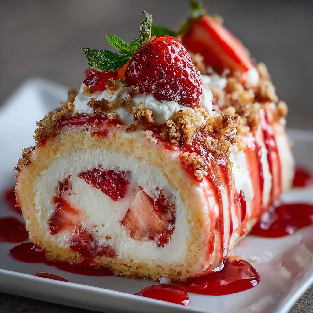 A delicious dessert, the Strawberry Shortcake Cheesecake Roll, is presented on a plate with a generous amount of strawberries and whipped cream.