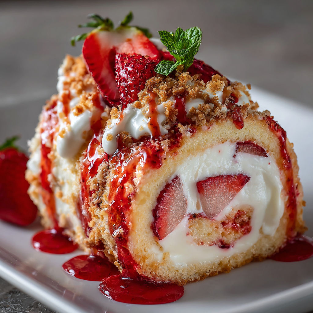 A delicious dessert roll with strawberries and whipped cream.