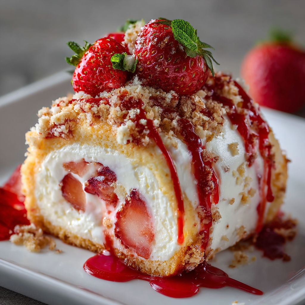 A delicious dessert with a strawberry and whipped cream filling, topped with a strawberry and mint garnish.