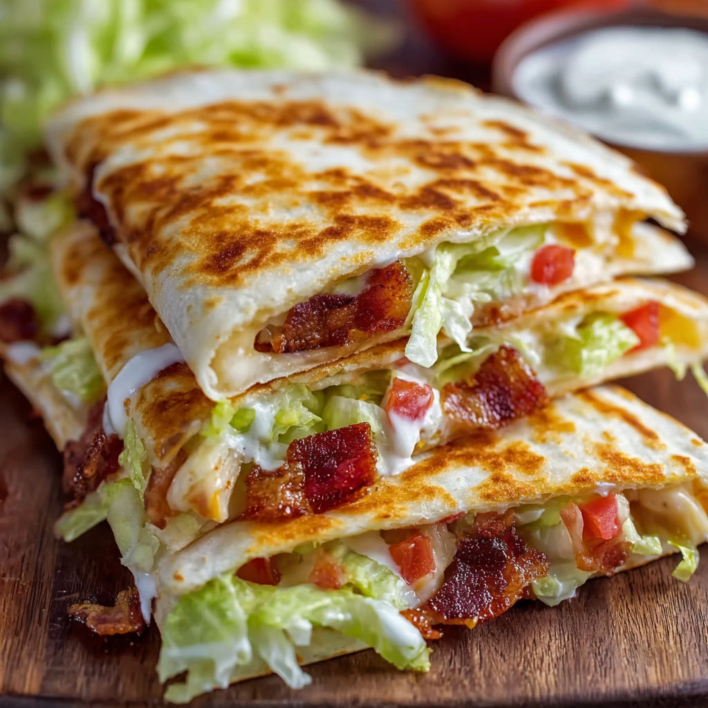 A stack of bacon and lettuce sandwiches on a wooden cutting board.
