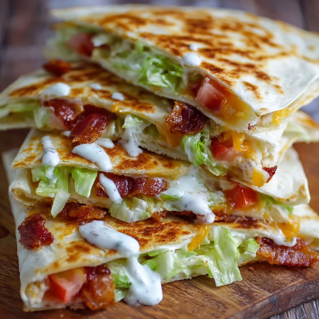 A stack of bacon and lettuce sandwiches on a wooden table.