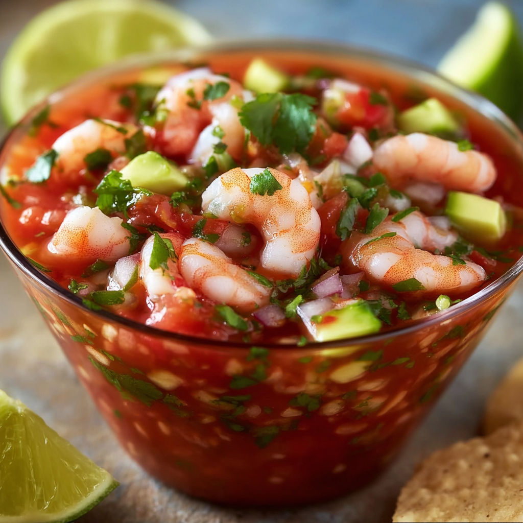 A bowl of shrimp and avocado salsa with limes and chips.