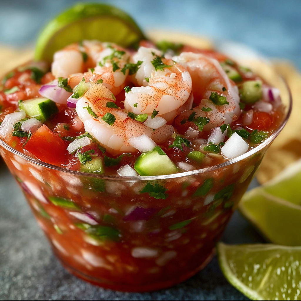 A bowl of shrimp and vegetable salsa with a lime wedge on the side.