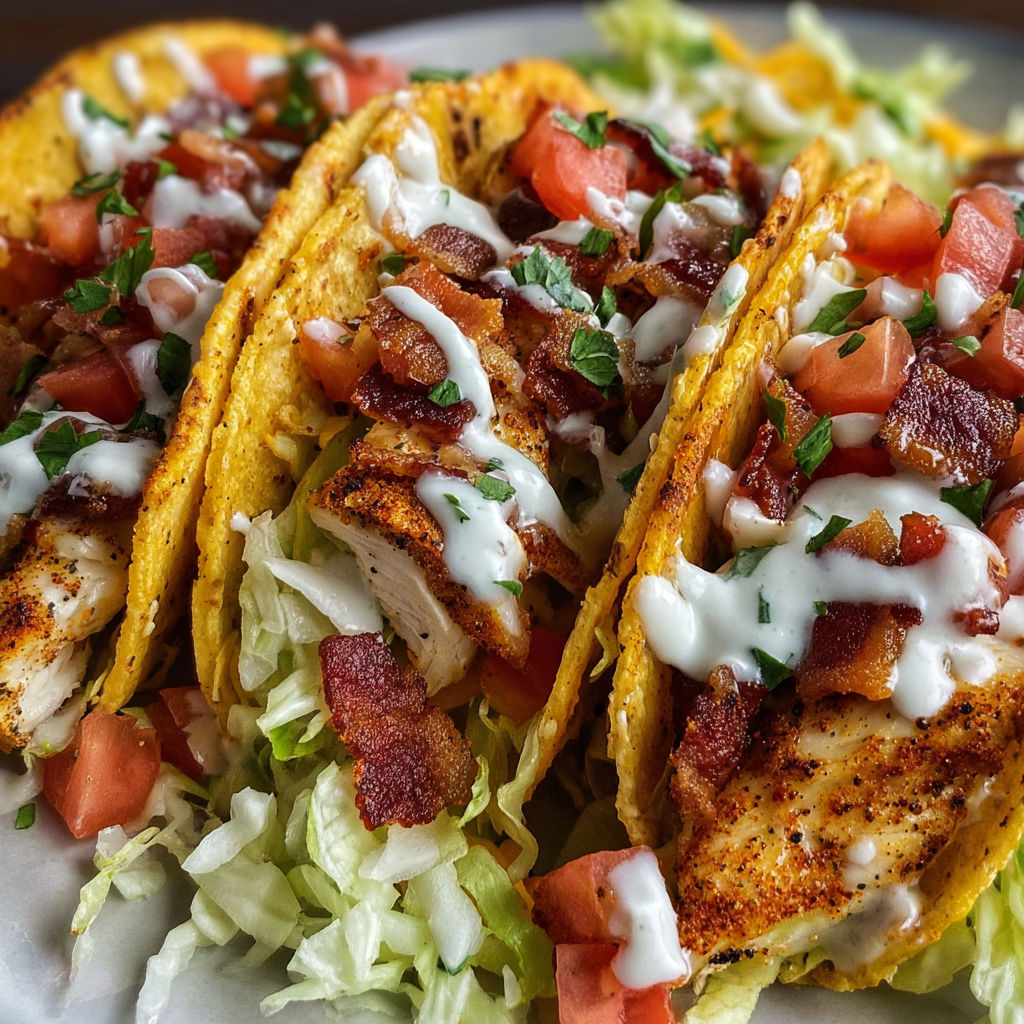 A plate of bacon and chicken tacos with lettuce and tomatoes.