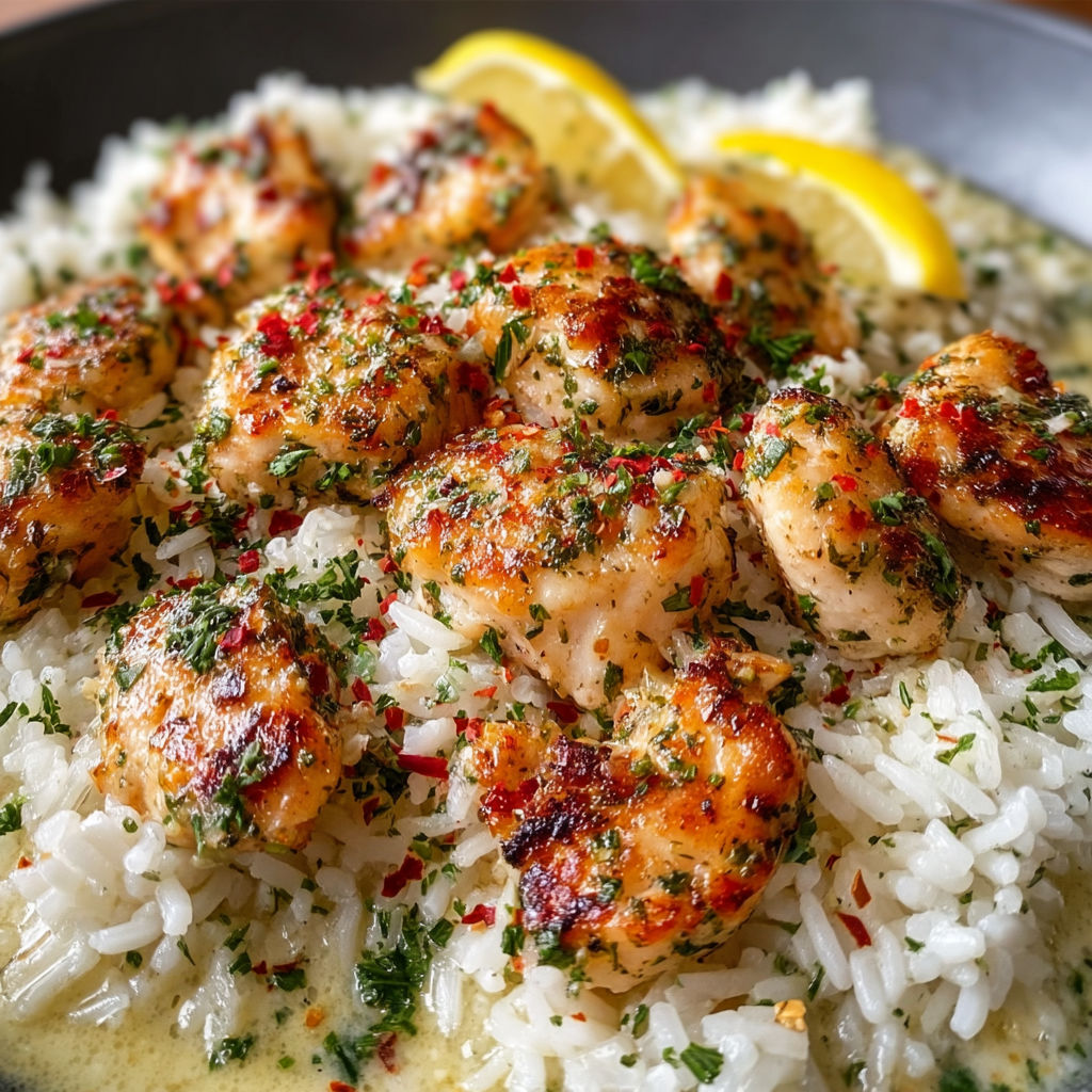 A delicious dish of Chicken Scampi Creamy Garlic Rice is served in a bowl.