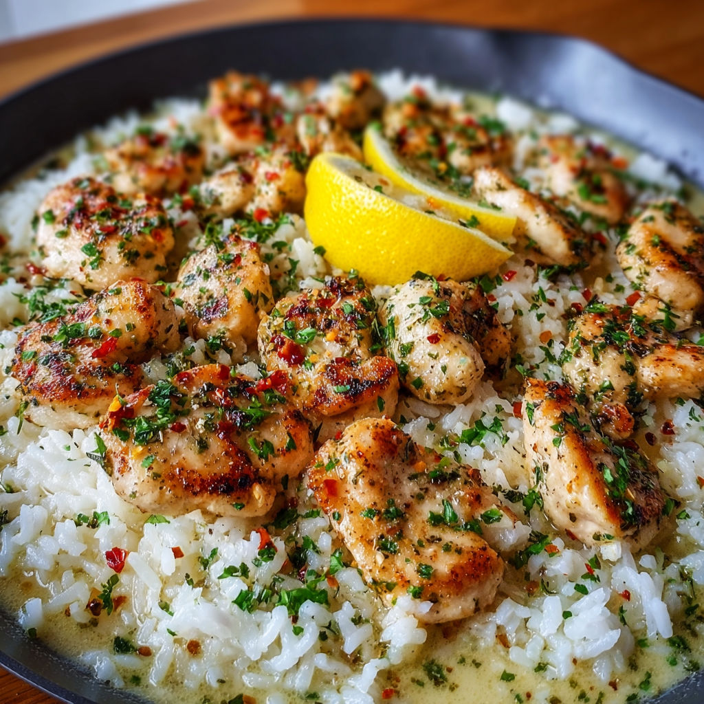 A plate of rice with chicken and lemon wedges on top.