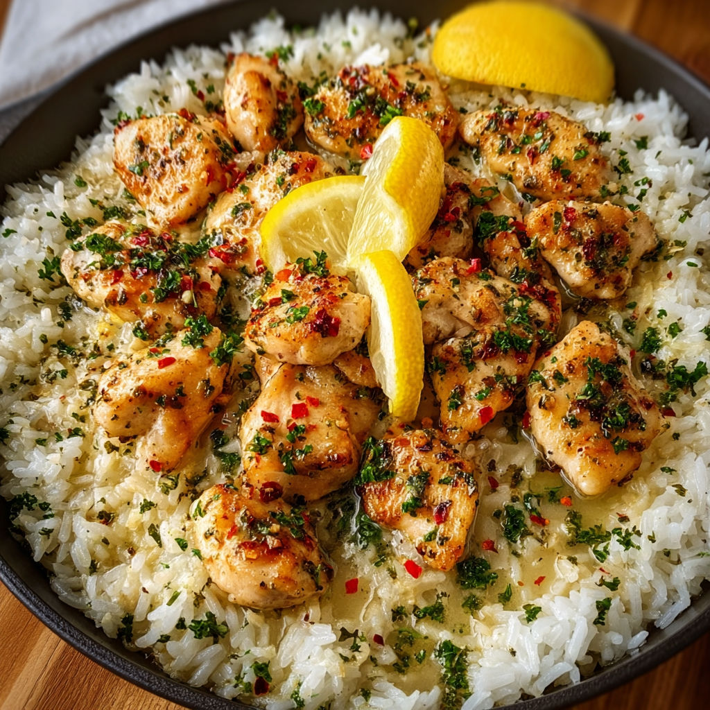 A plate of rice and chicken with lemon wedges on top.