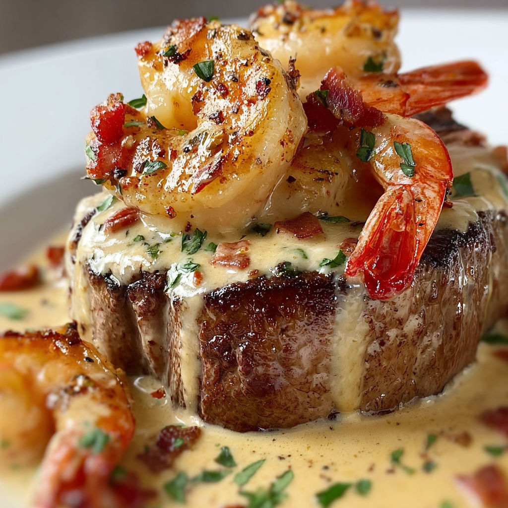 A delicious meal of shrimp and bacon with a creamy sauce.