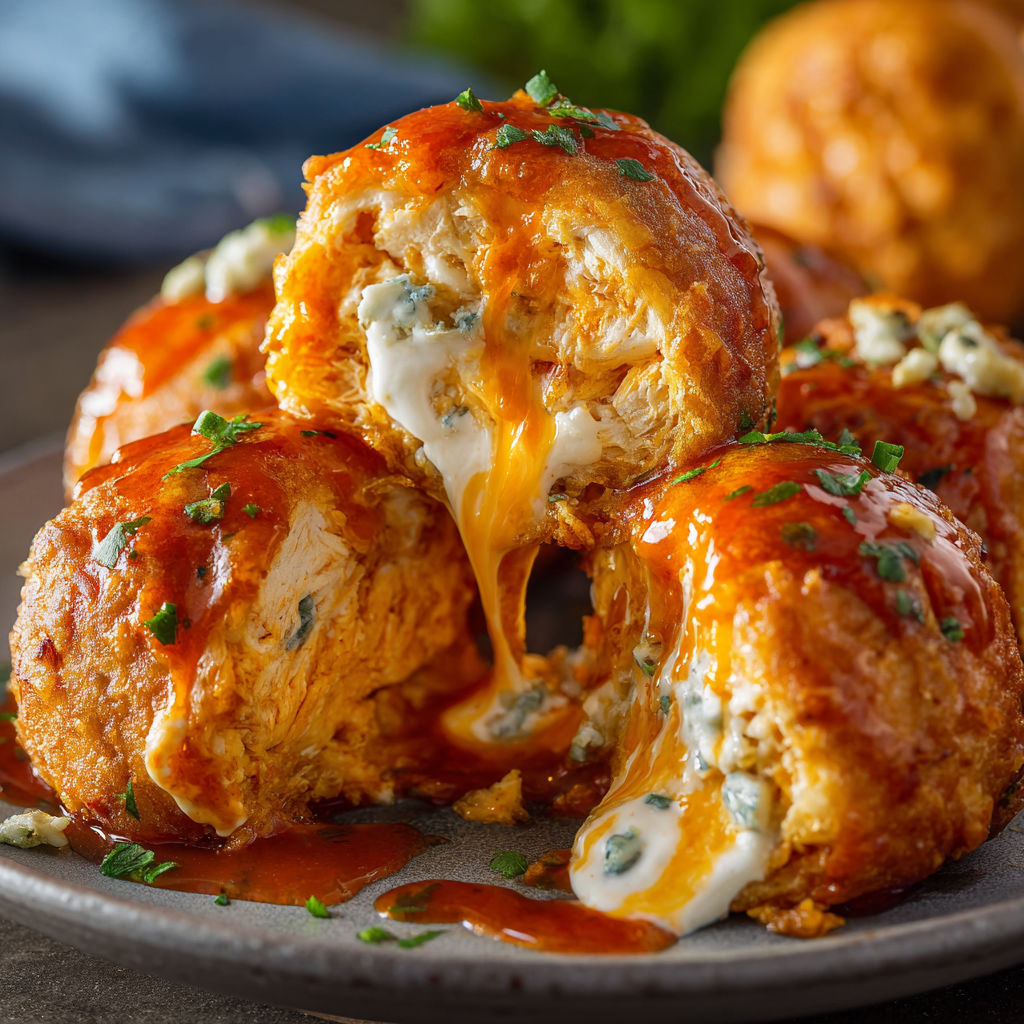 A plate of cheesy buffalo chicken bombs with a drizzle of sauce on top.