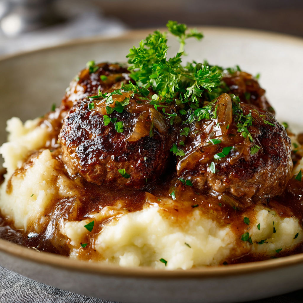 A plate of meatballs with onions and herbs on top, served with mashed potatoes.