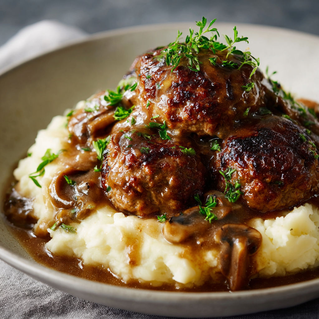 A plate of meatballs covered in gravy and mushrooms, served with mashed potatoes.