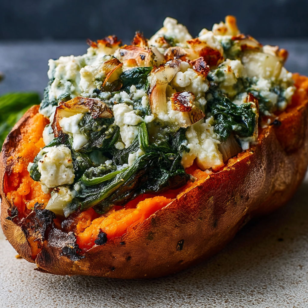 A delicious stuffed sweet potato with spinach and feta cheese, ready to be enjoyed.