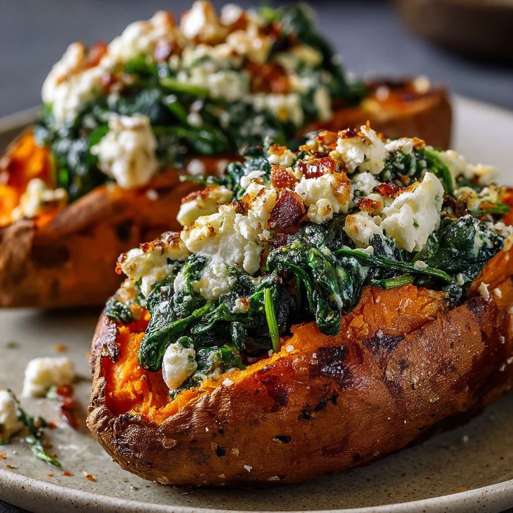 A dish of roasted sweet potatoes with greens on top, possibly spinach, and a white sauce.