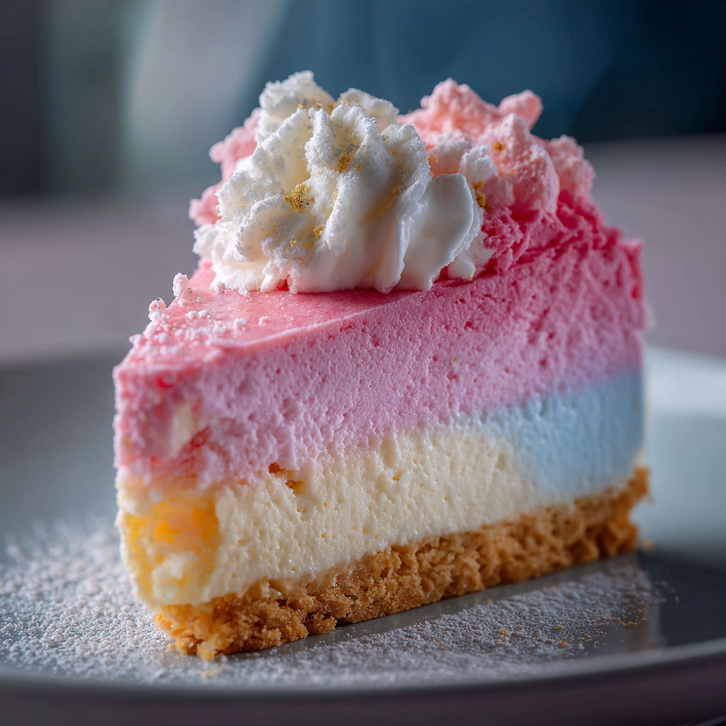 A slice of rainbow cake with white frosting and a yellow center.