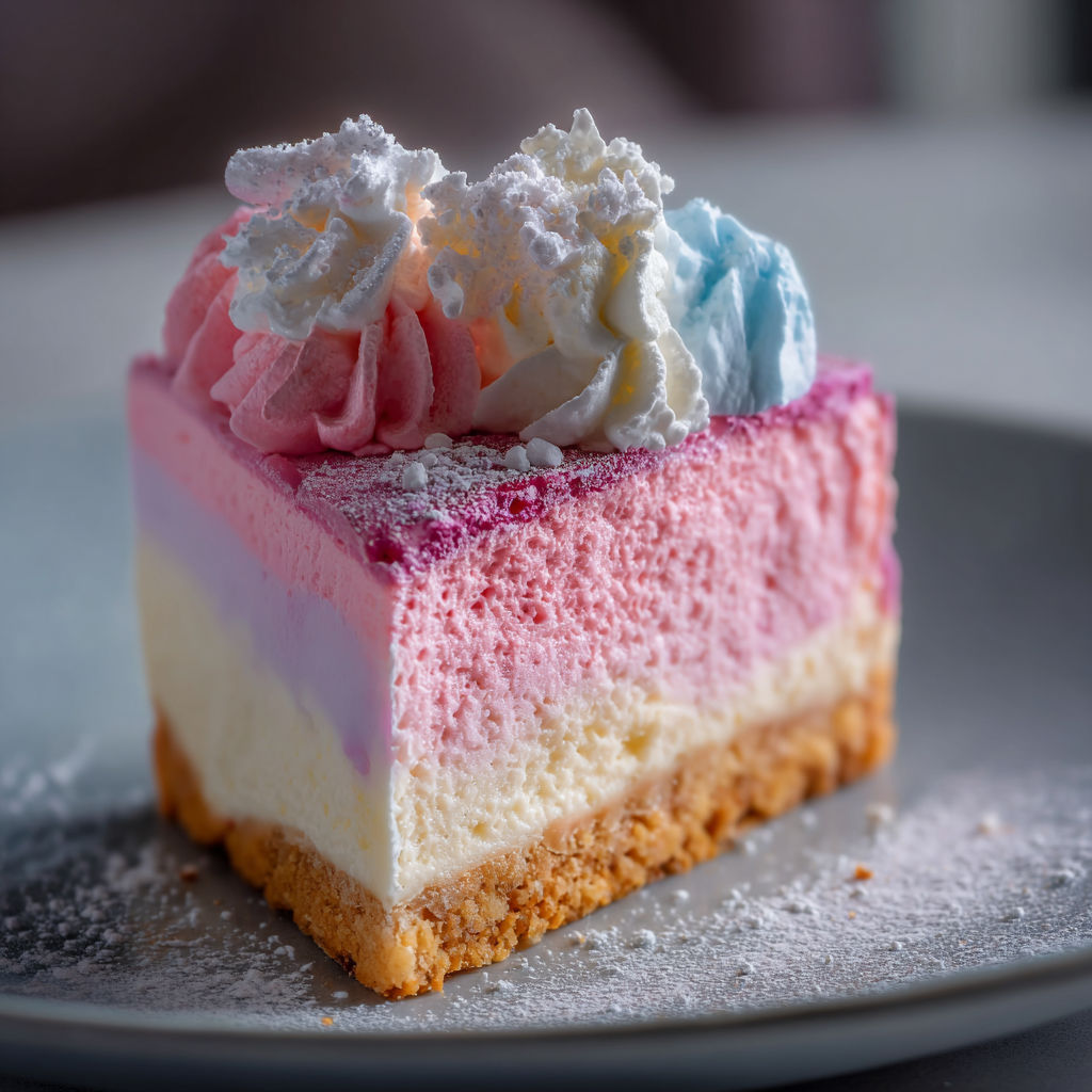 A slice of cake with pink, purple, and yellow layers, topped with whipped cream and a dusting of powdered sugar.