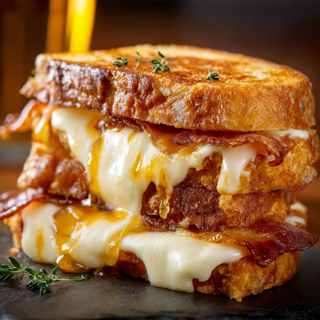 A delicious bacon and cheese sandwich is served on a black plate.