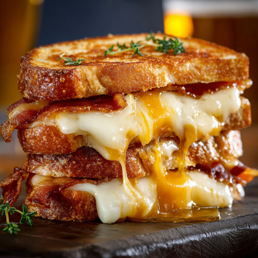 A stack of grilled cheese sandwiches with bacon on top, served on a cutting board.