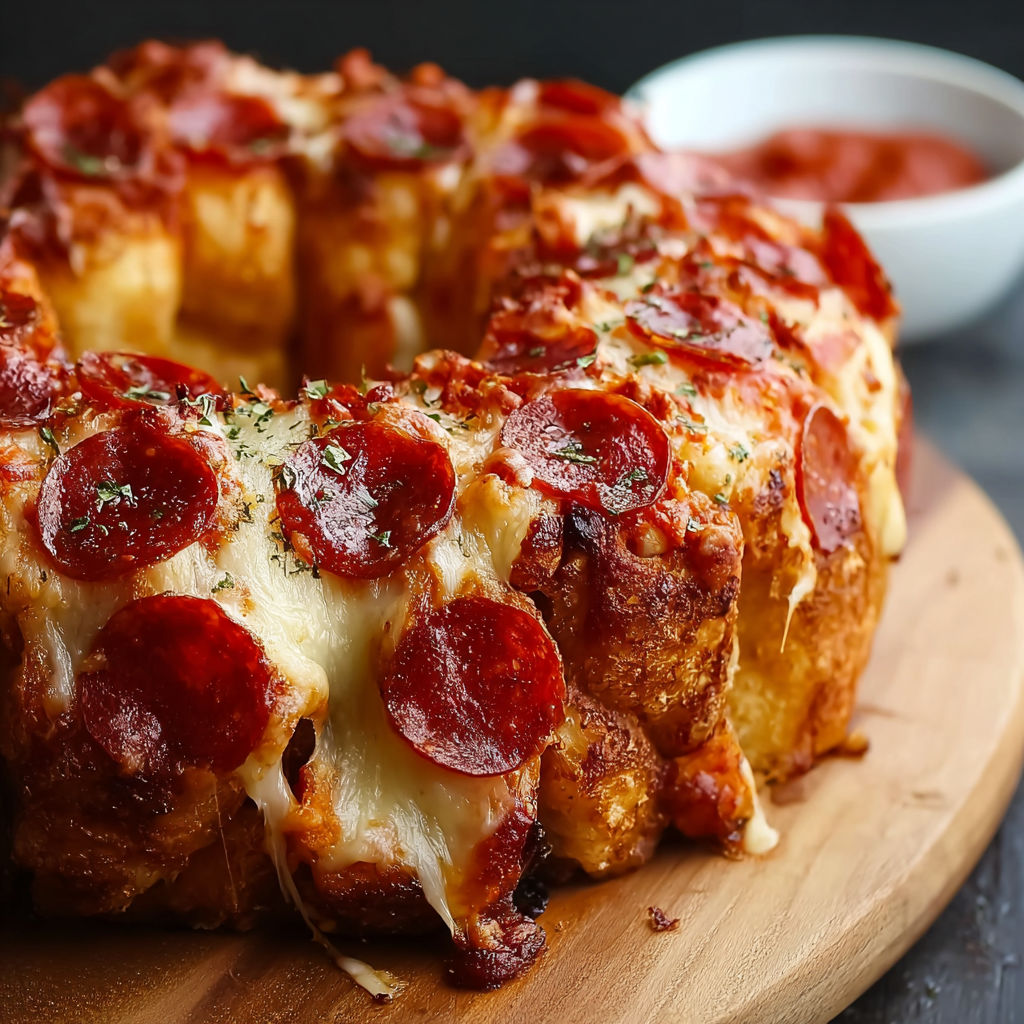 A delicious pepperoni pizza monkey bread is displayed on a wooden cutting board.