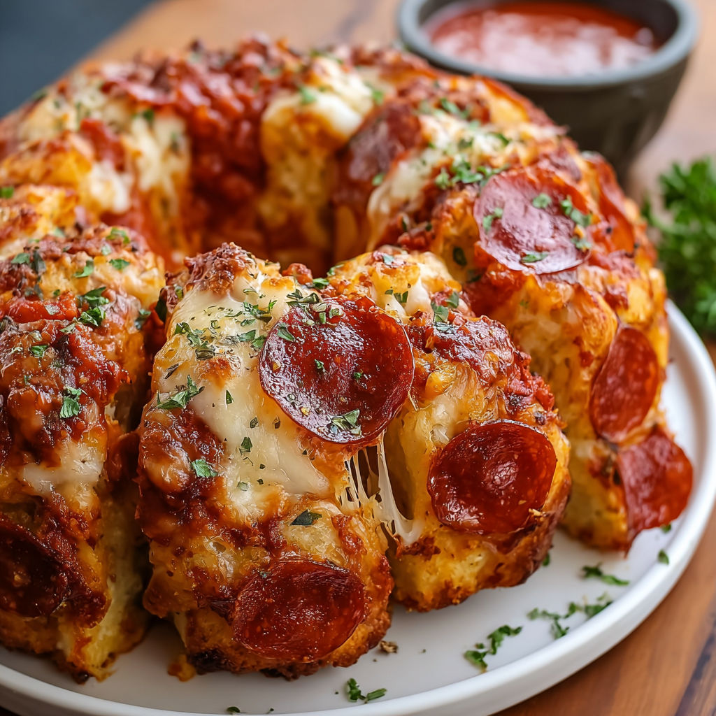 A plate of pepperoni breadsticks with a bowl of marinara sauce on the side.