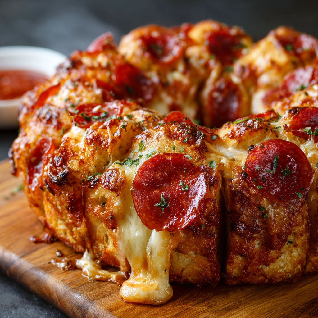 A delicious pepperoni and cheese casserole is displayed on a wooden cutting board.