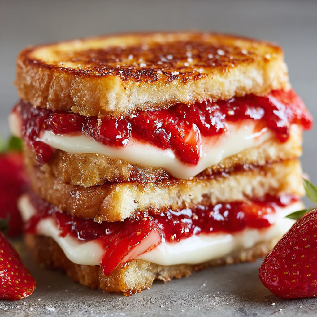 A delicious Fried Strawberry Cheesecake Sandwich is displayed on a table, with a strawberry and a slice of cheesecake on top.