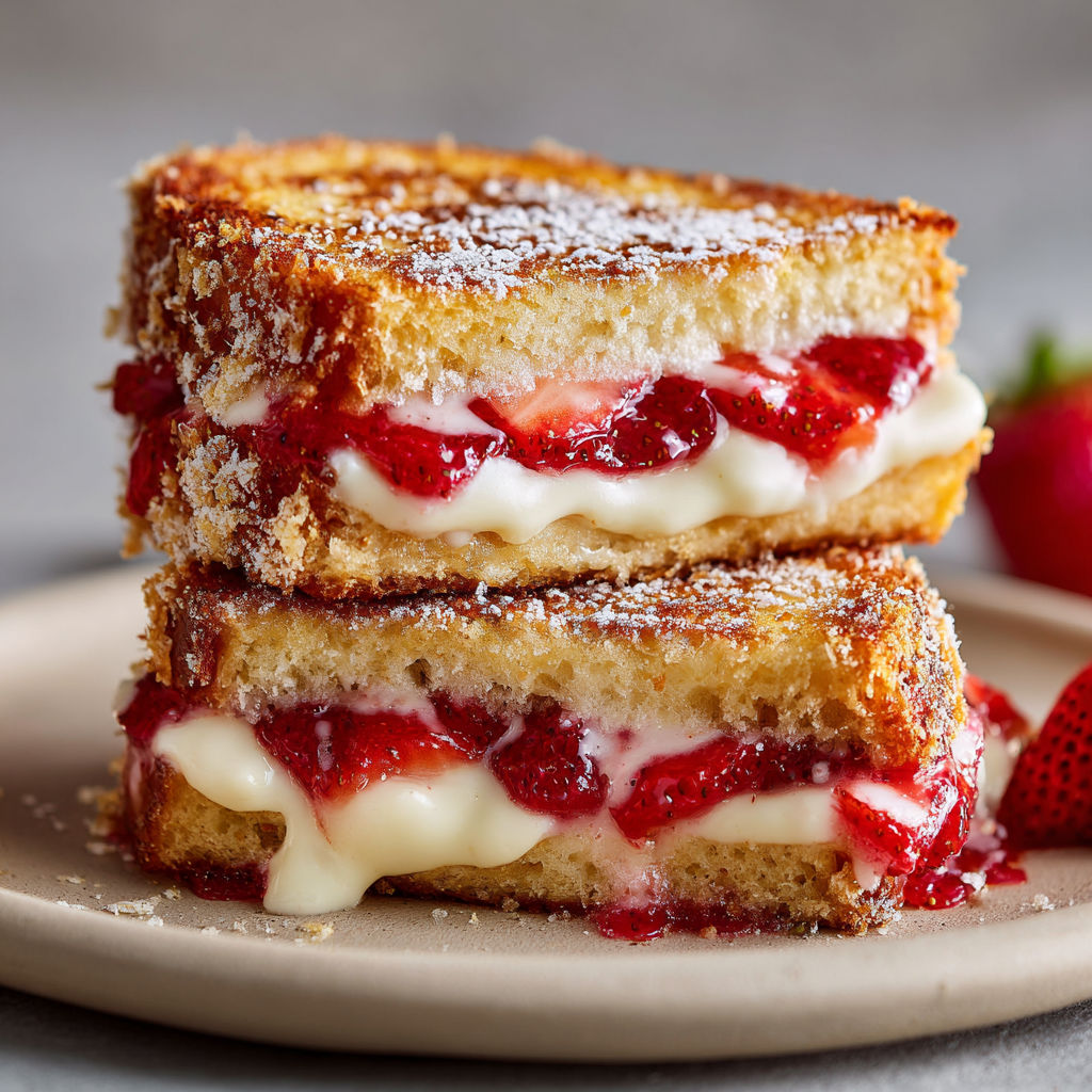 A close up of a delicious strawberry shortcake sandwiched between two slices of bread, with whipped cream and strawberries on top.