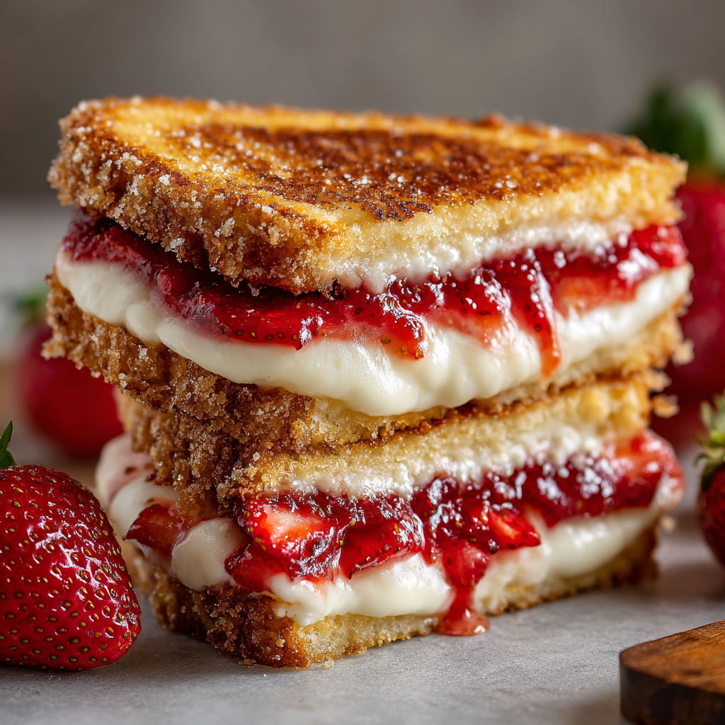 A stack of three grilled cheese sandwiches with strawberry jam in between, sitting on a table.