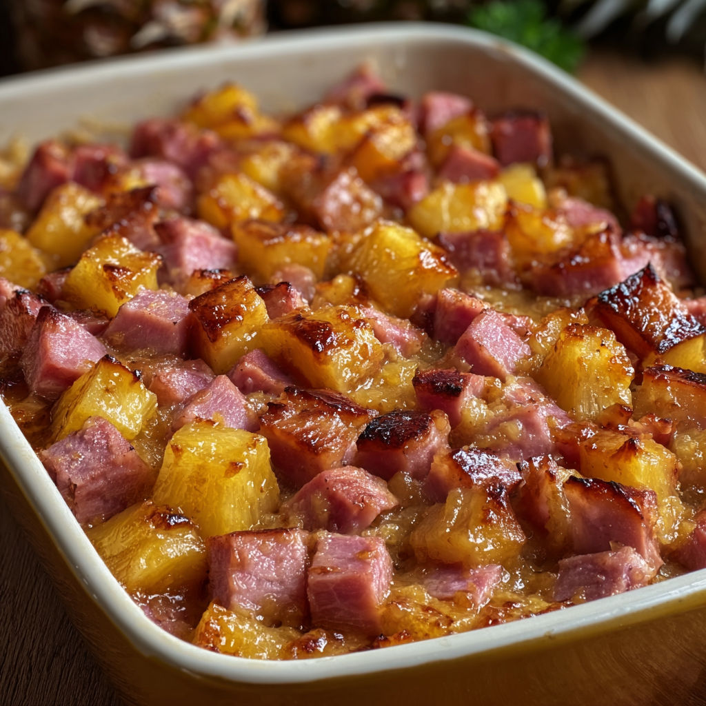 A delicious looking ham bake with pineapple and brown sugar topping.