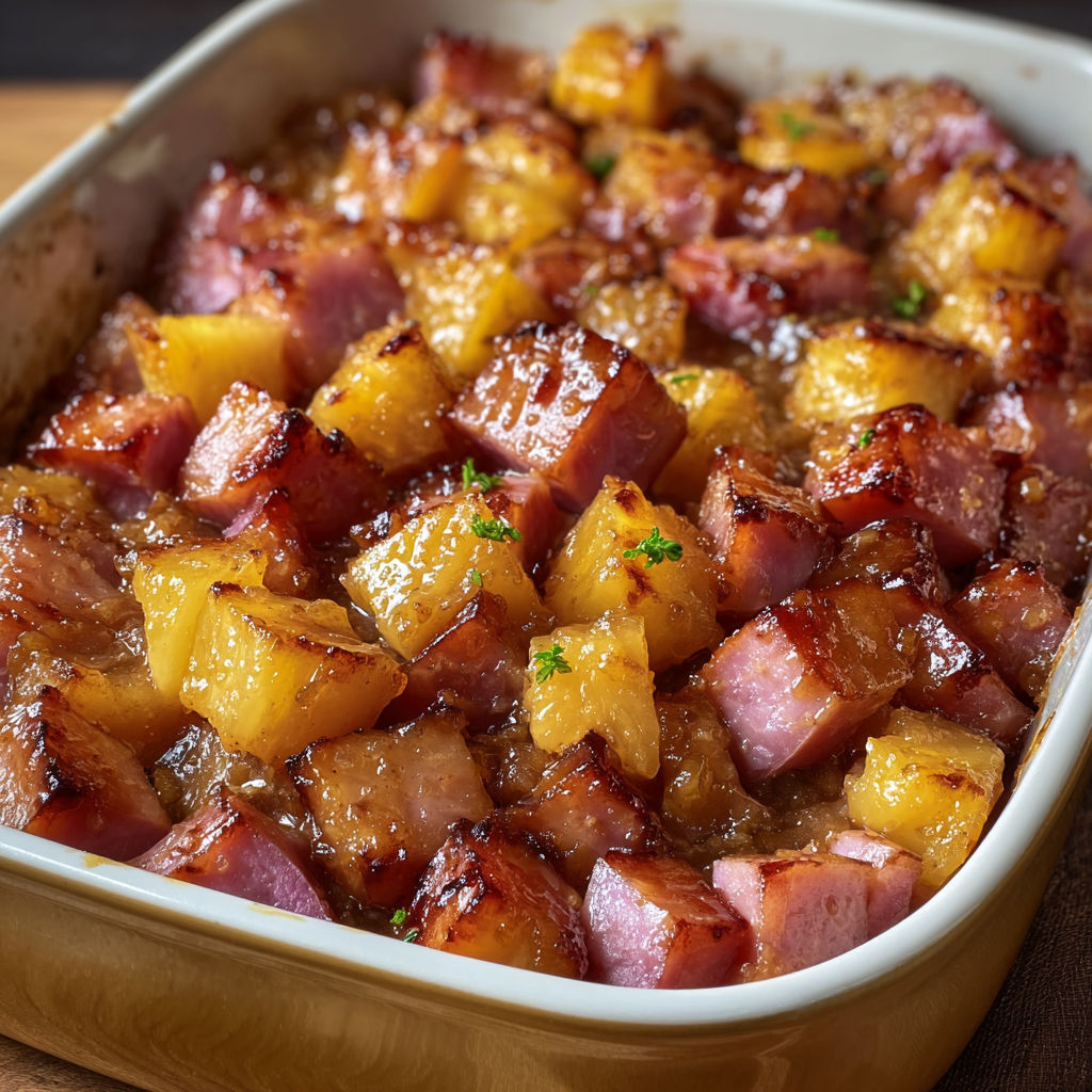 A dish of ham and pineapple is served in a white bowl.
