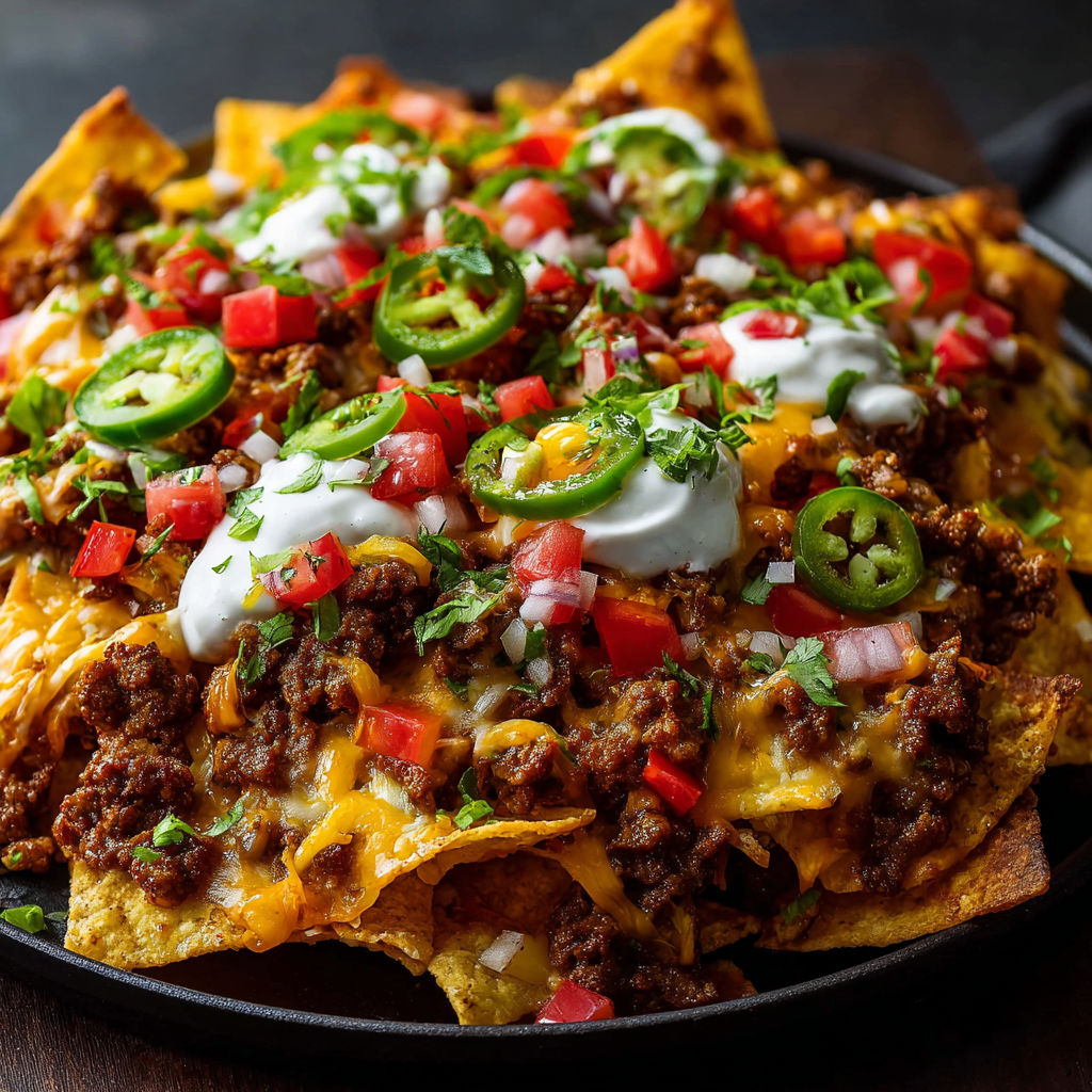 A delicious plate of nachos with cheese, tomatoes, and jalapenos.