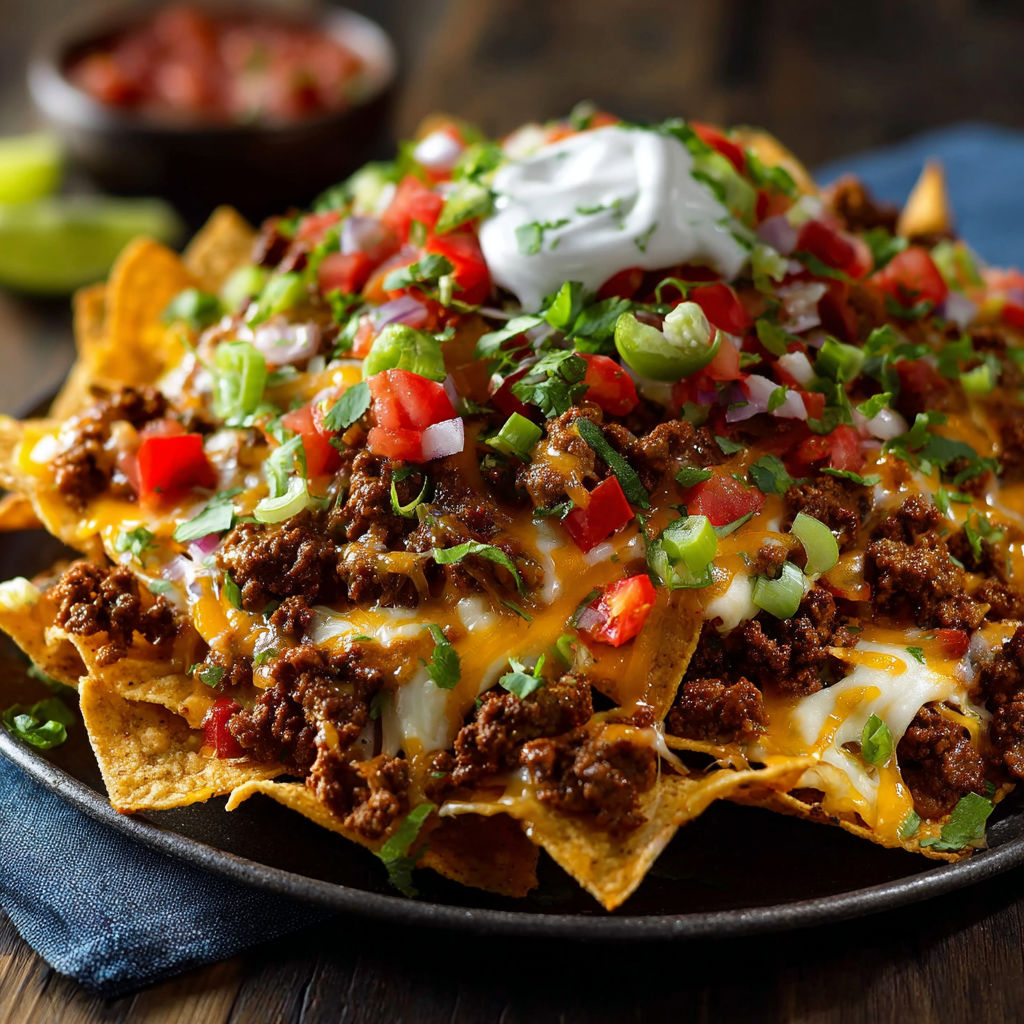 A delicious plate of nachos topped with cheese, tomatoes, and jalapenos.
