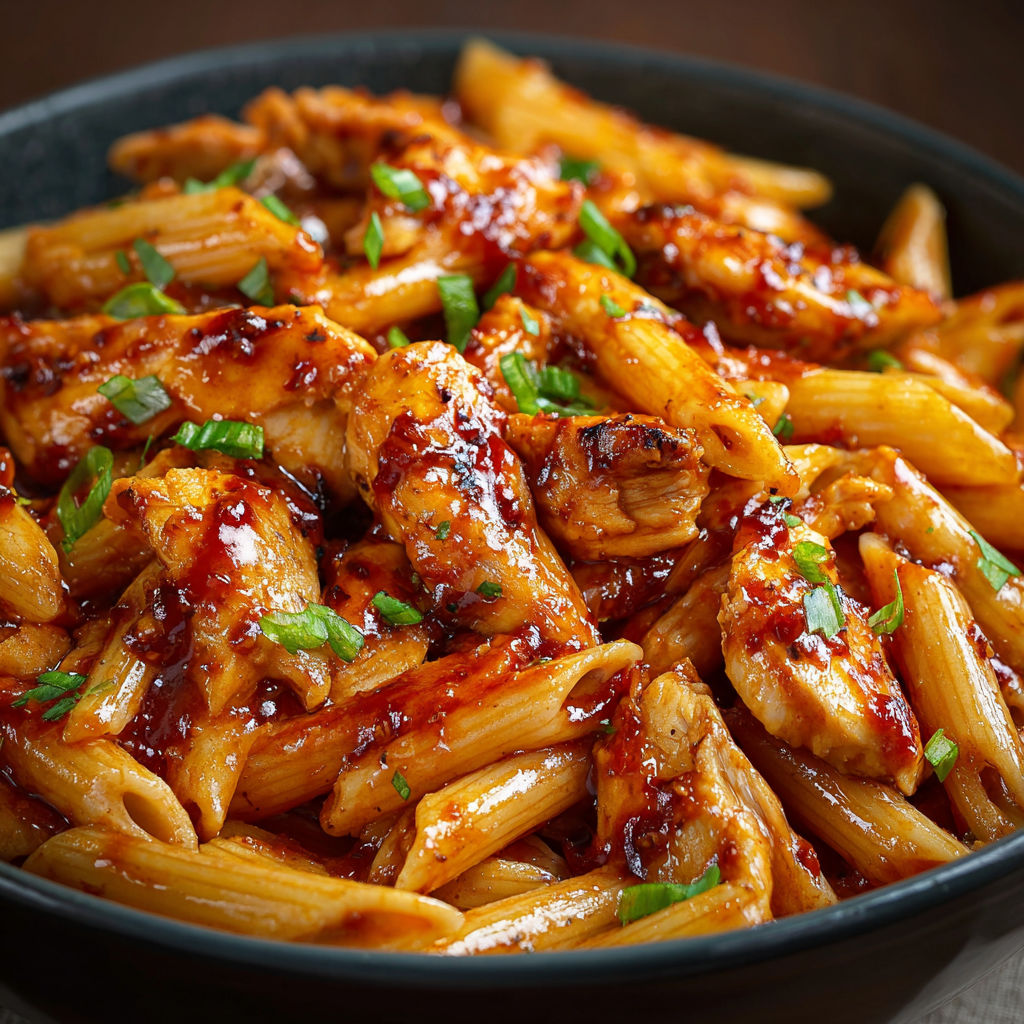 A bowl of delicious One-Pan Tangy Honey BBQ Chicken Penne.