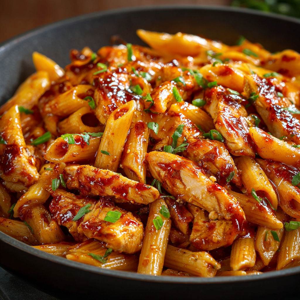 A delicious meal of chicken and pasta with a rich sauce.
