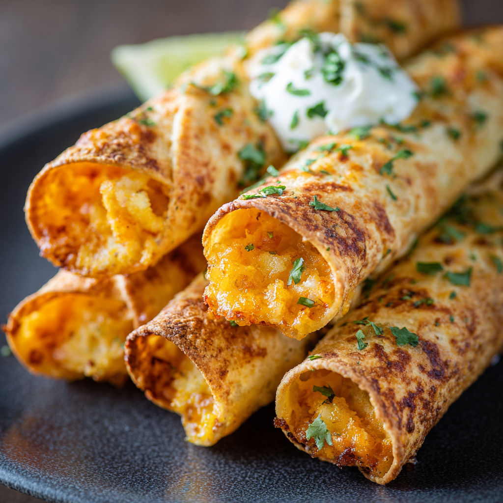 A plate of cheesy potato taquitos with a dollop of sour cream on top.
