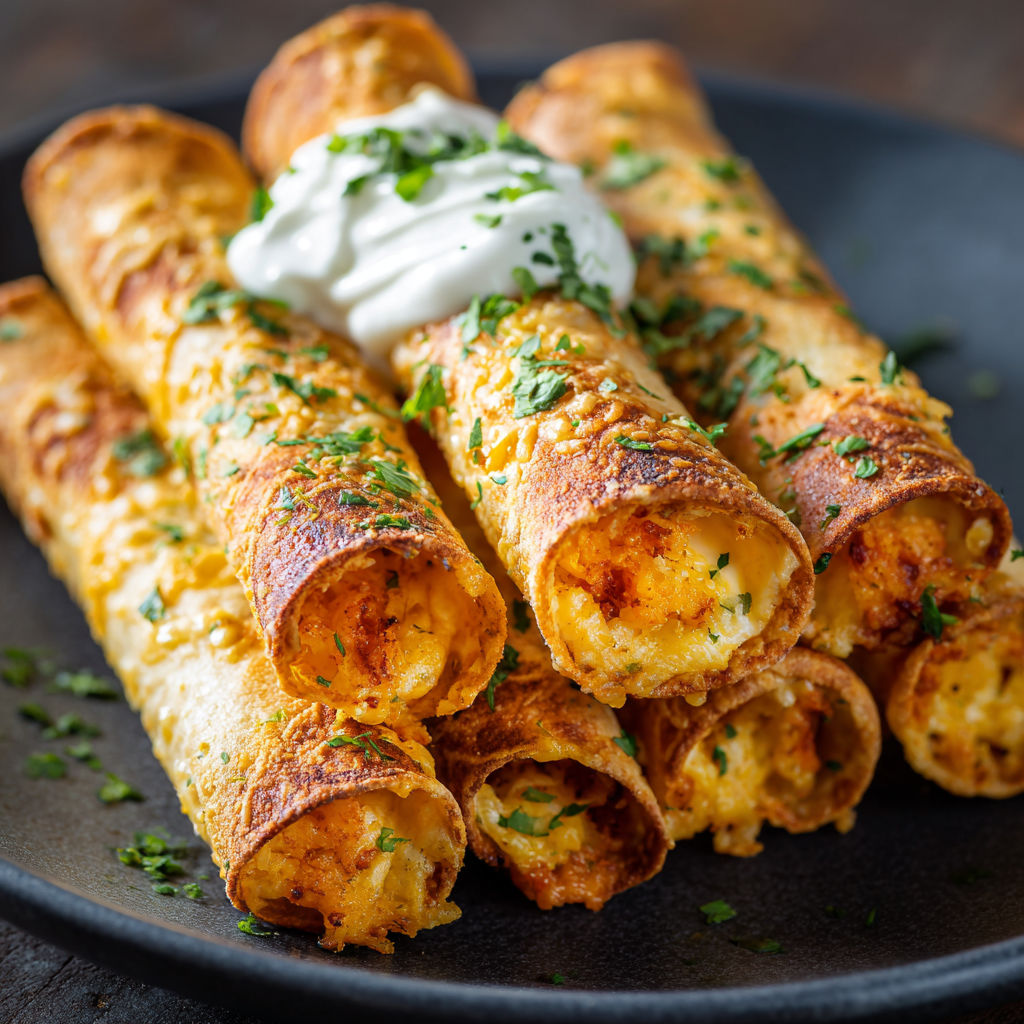 A plate of delicious chicken enchiladas with a dollop of sour cream on top.